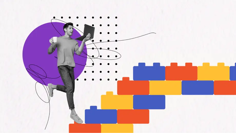Person stepping up a colorful block staircase with a laptop