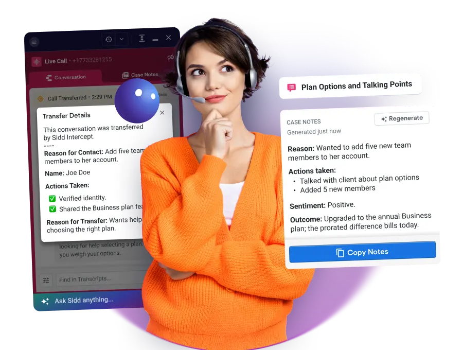 Agent on a call with Sidd suggesting responses in real time
